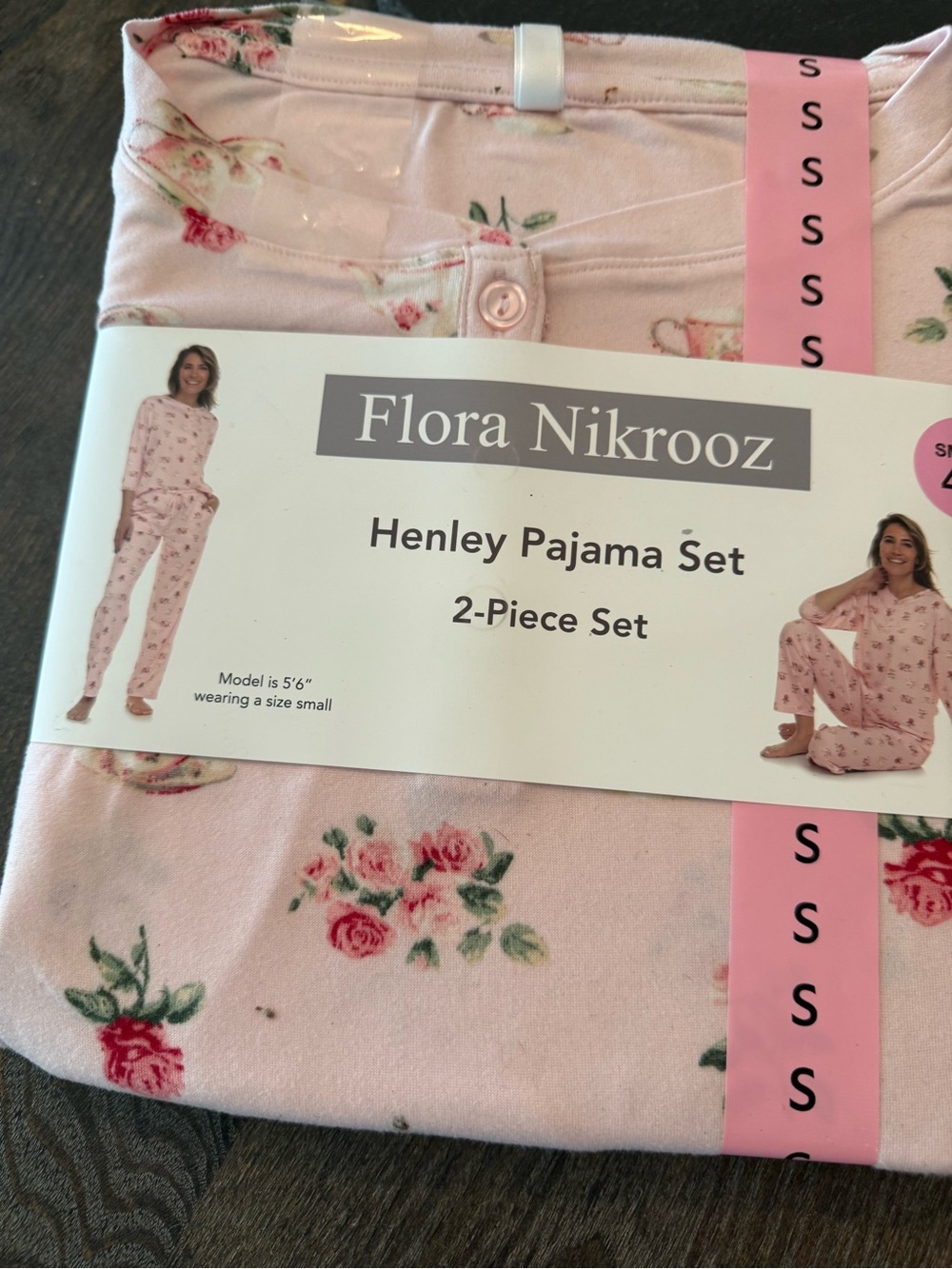 Flora Nikrooz Pink Floral & Black Heart Henley Pajama Sets - Picture 3 of 5